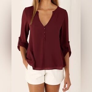 V Neck Blouse, Size: Medium, NEW, Burgundy
